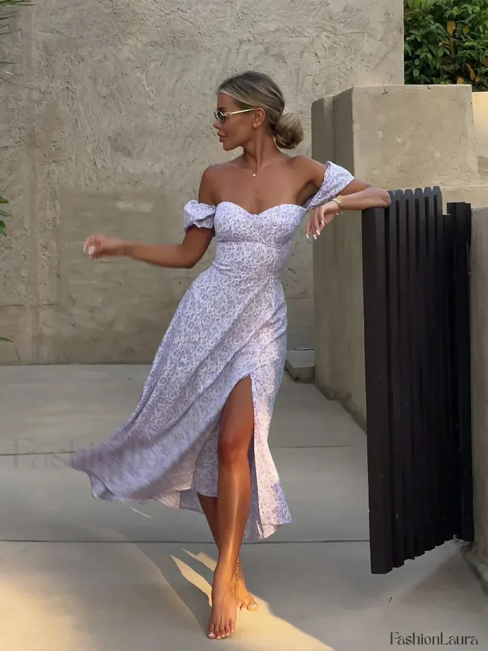 Off Shoulder Slit Floral Dress