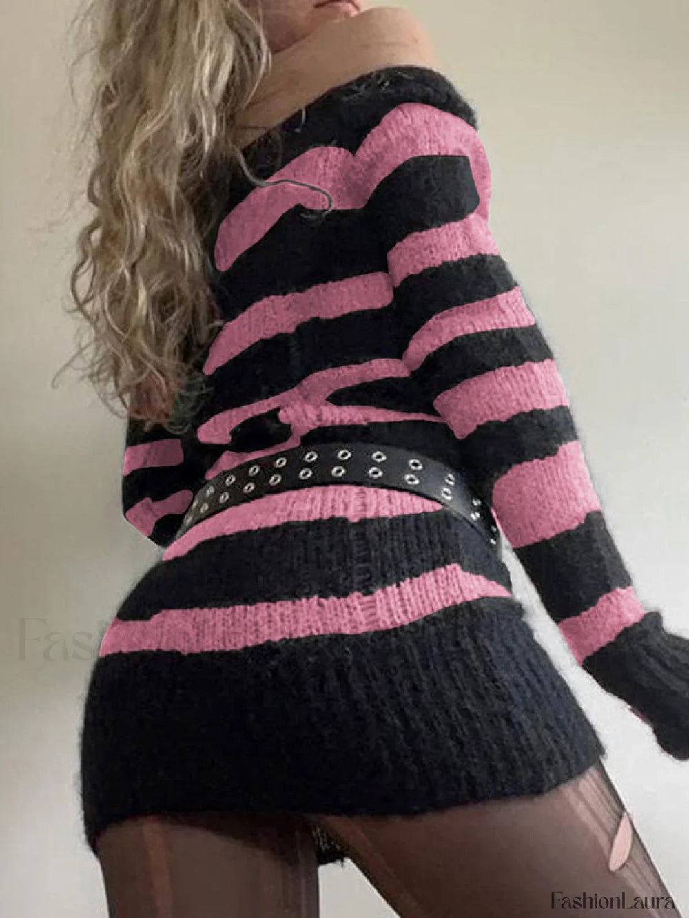 Off Shoulder Striped Knitted Mini Dress Mini Dresses