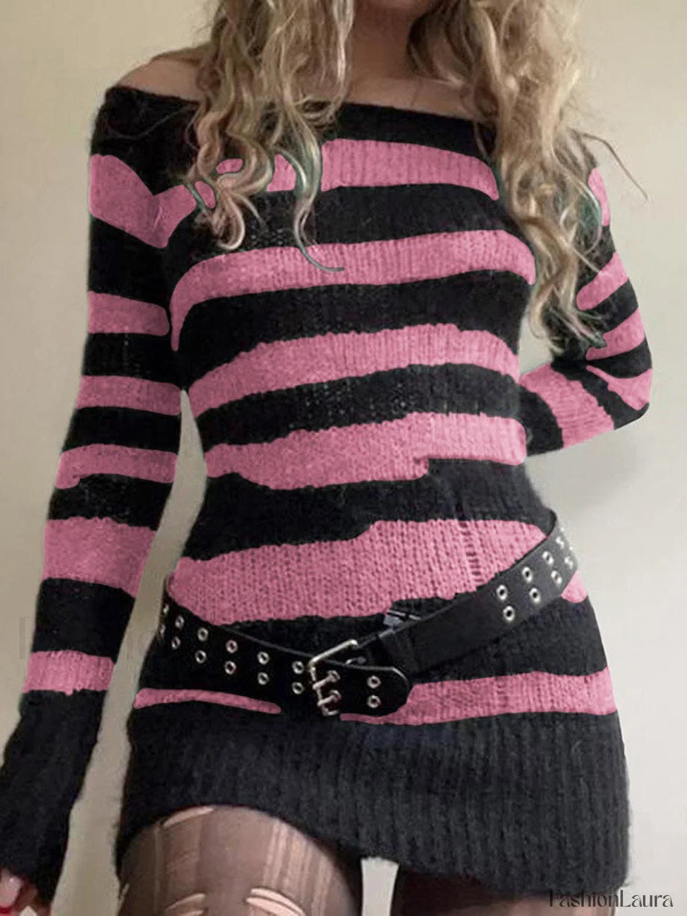 Off Shoulder Striped Knitted Mini Dress Pink / S Mini Dresses