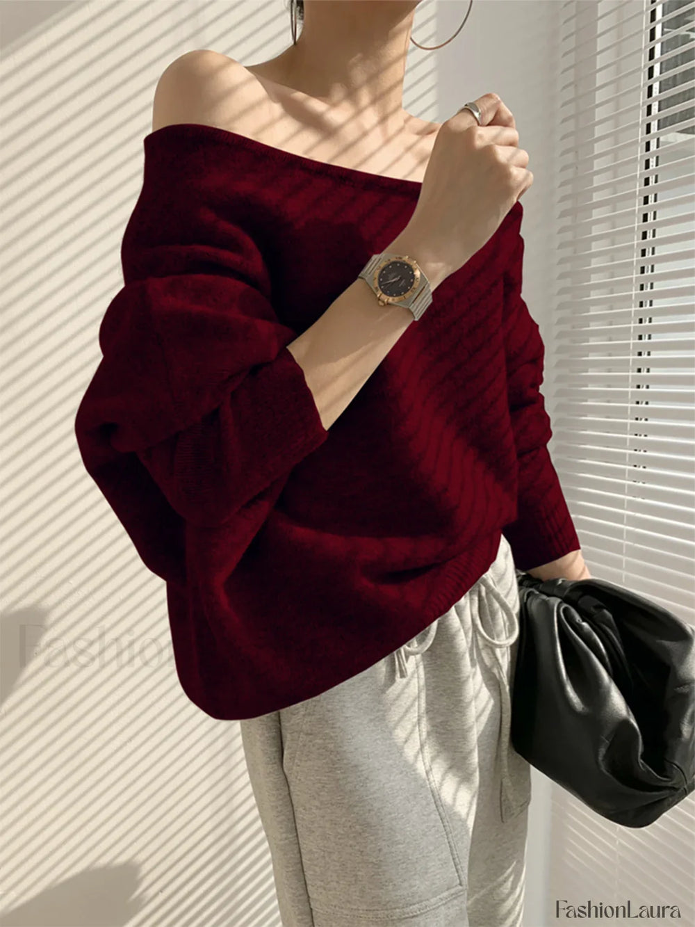 One Shoulder Asymmetric Sweater Burgundy / XS Sweaters