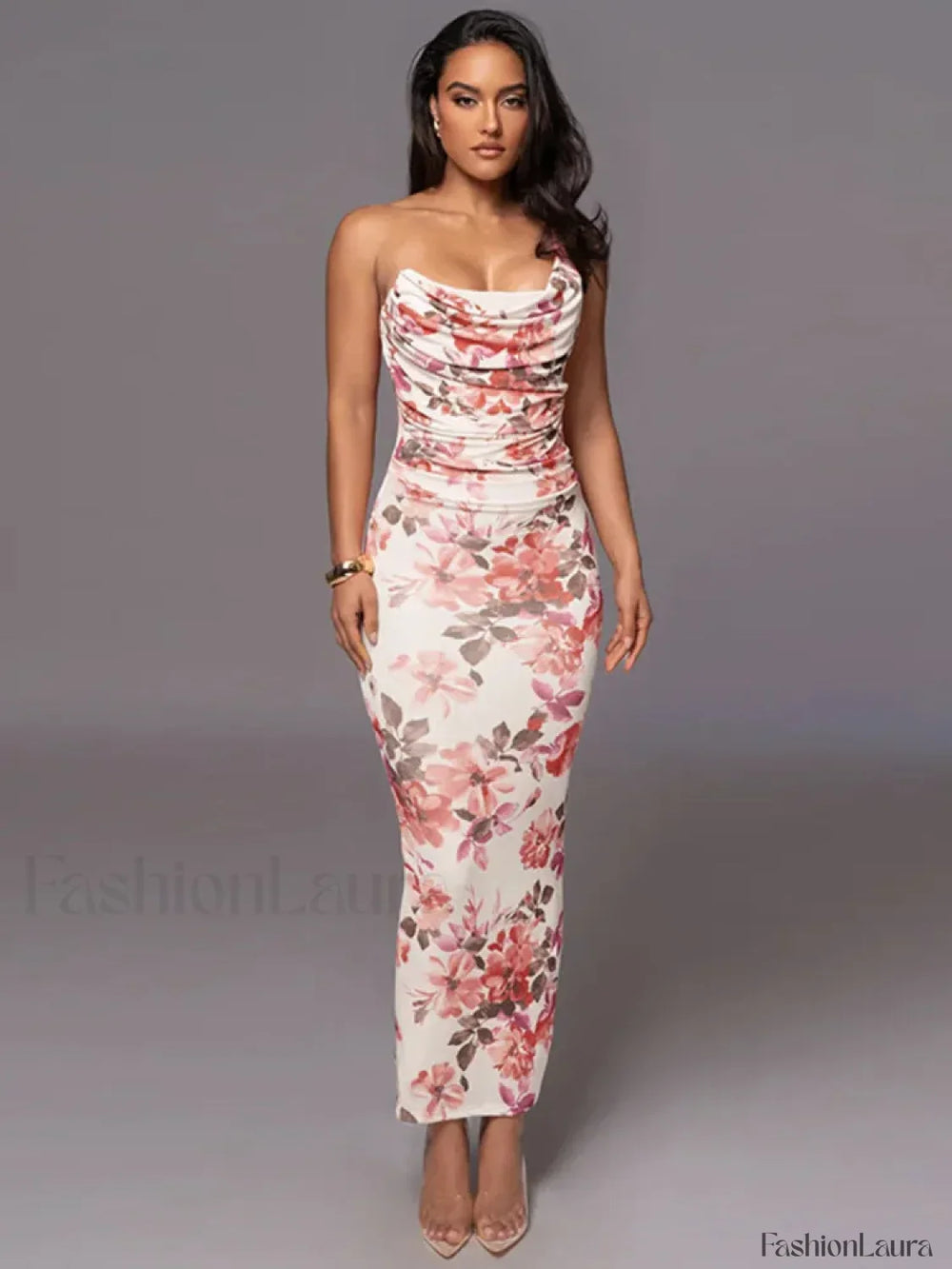 One Shoulder Bodycon Floral Dress Pink / S