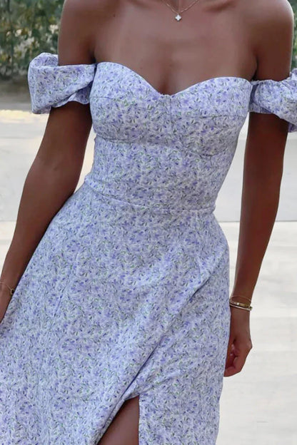 One Shoulder Floral Split Slim Fit Floral Dress