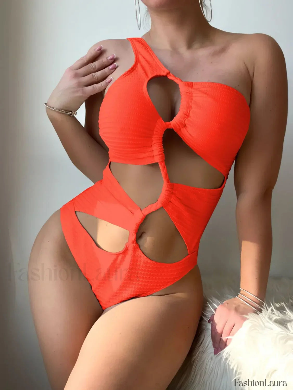 One Shoulder Hollow Push Up One Piece Orange / S