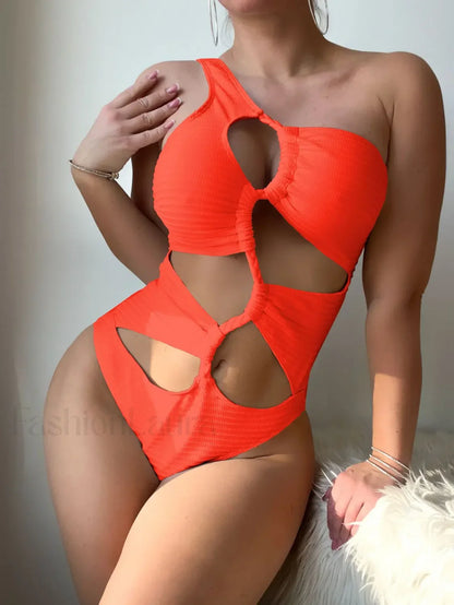 One Shoulder Hollow Push Up One Piece Orange / S