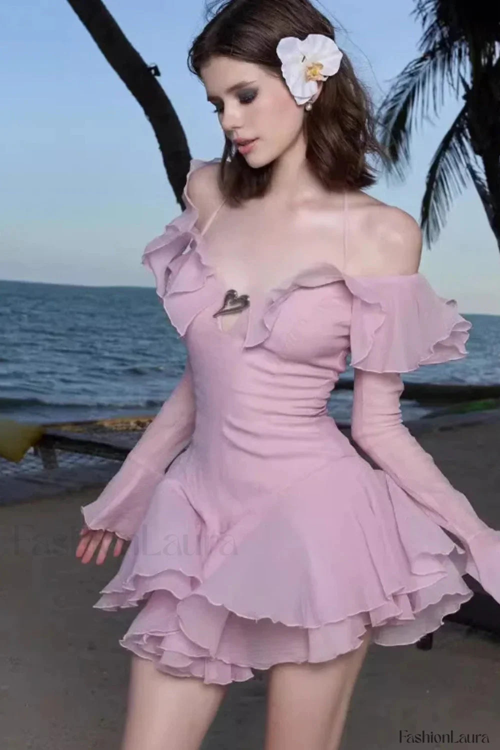 One Shoulder Horn Sleeve Ruffled Neck Mini Dress