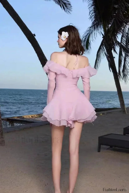 One Shoulder Horn Sleeve Ruffled Neck Mini Dress