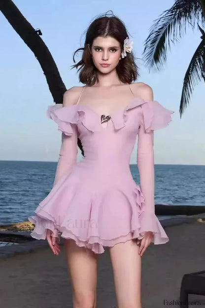 One Shoulder Horn Sleeve Ruffled Neck Mini Dress Pink / XS