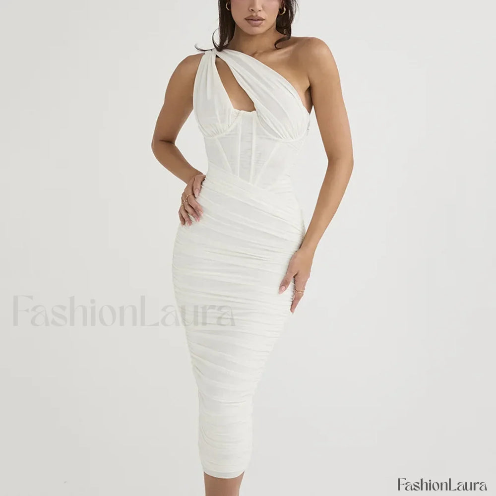 One Shoulder Mesh Midi Dress White / Xs