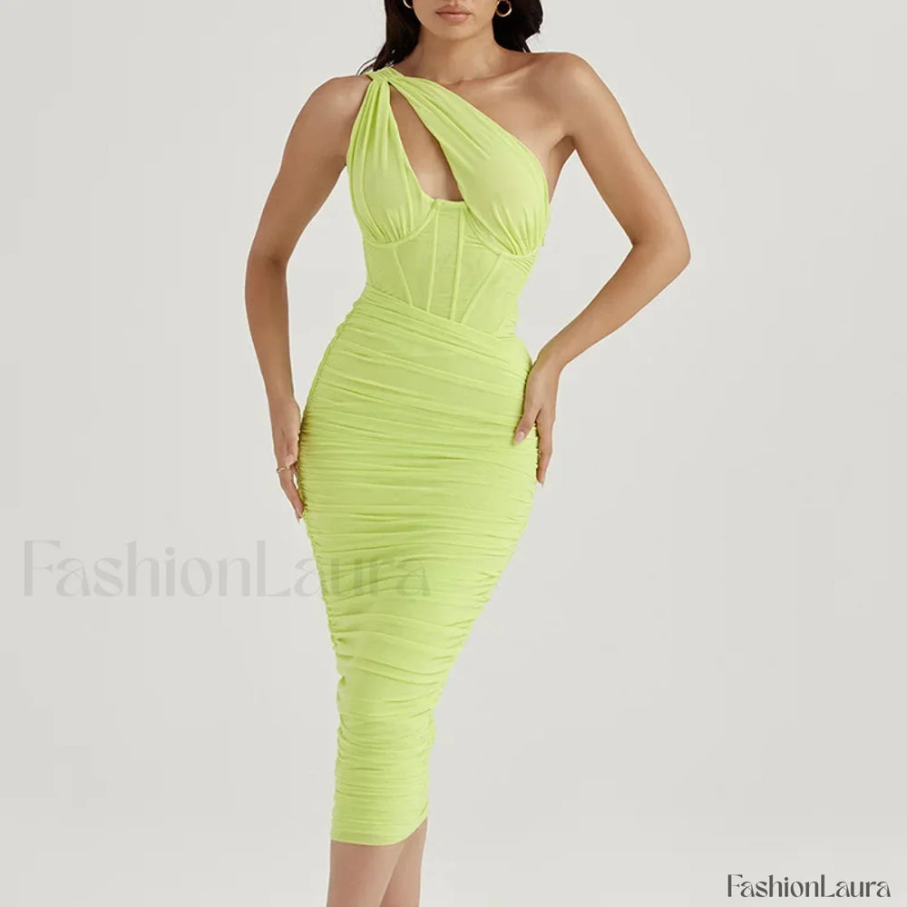 One Shoulder Mesh Midi Dress Yellow green / Xs