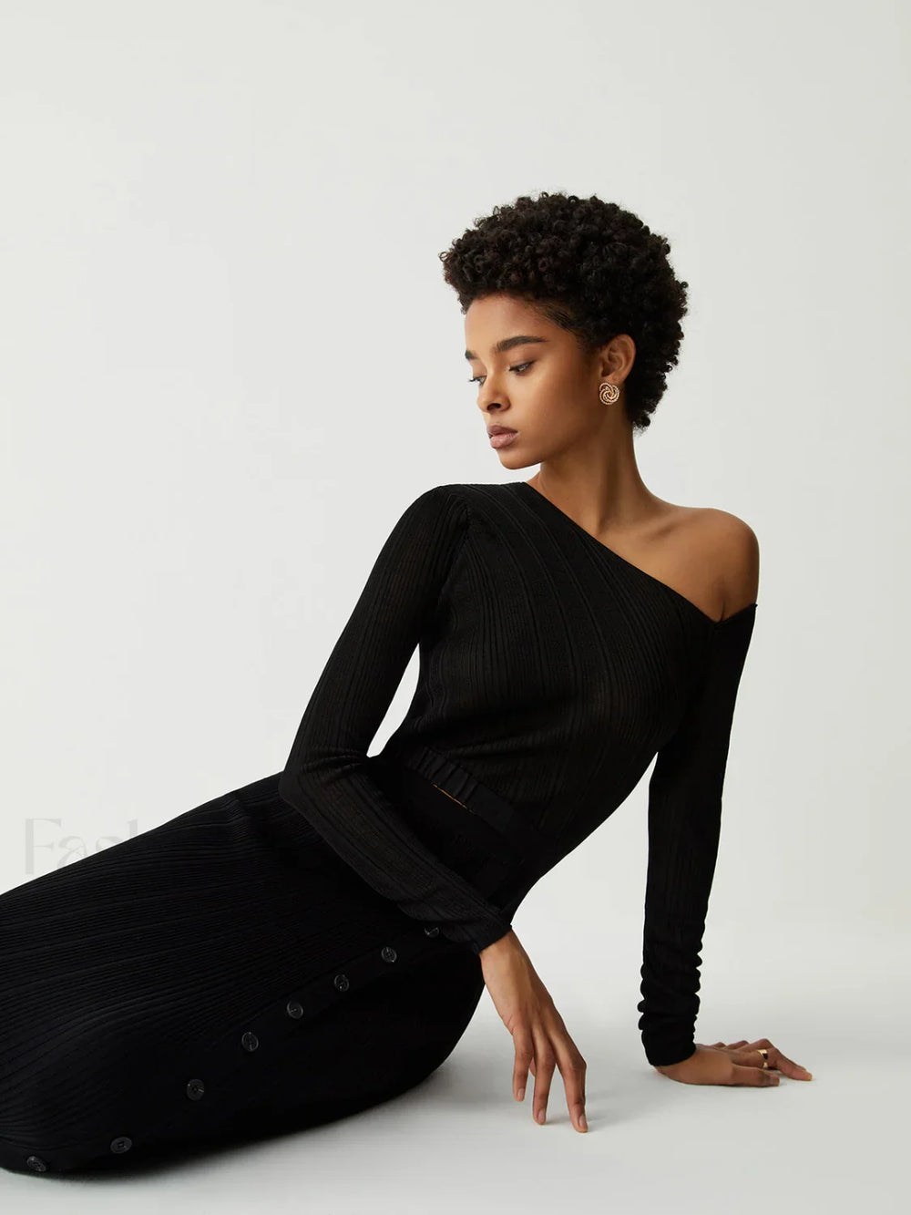 One Shoulder Off Trendy Knit Midi Dress Black / S Dresses