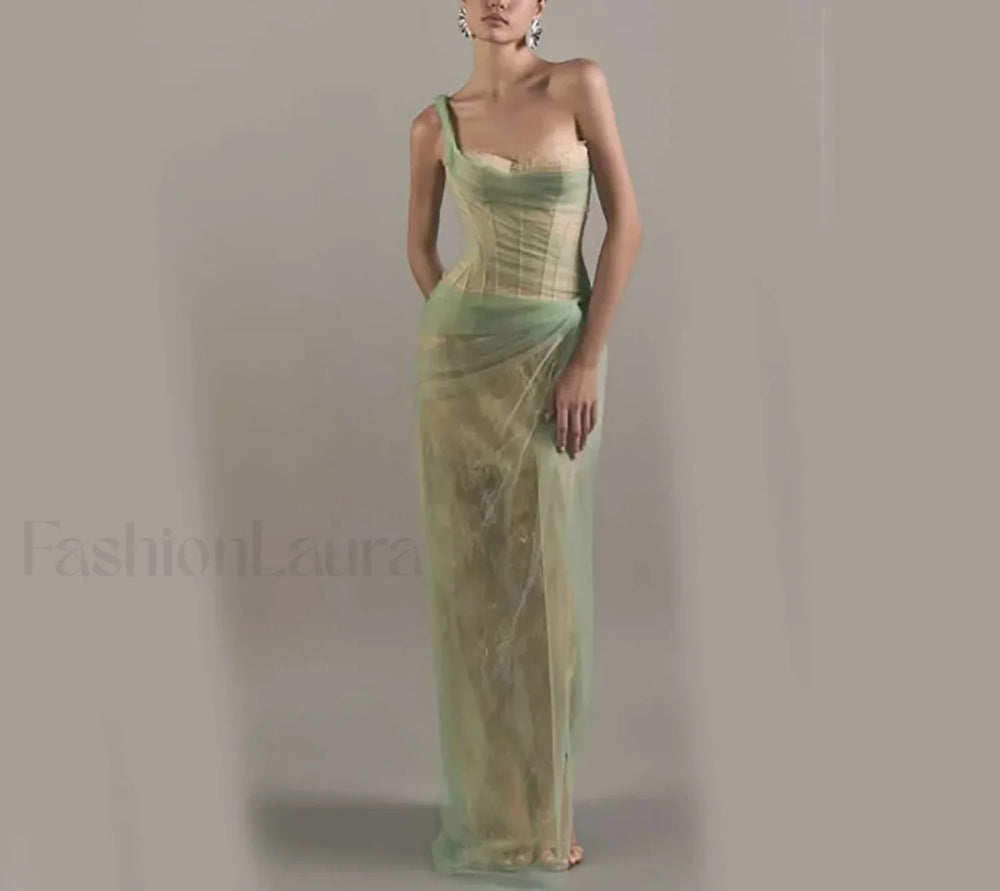 One Shoulder Pleated Lace Maxi Dress green / 2