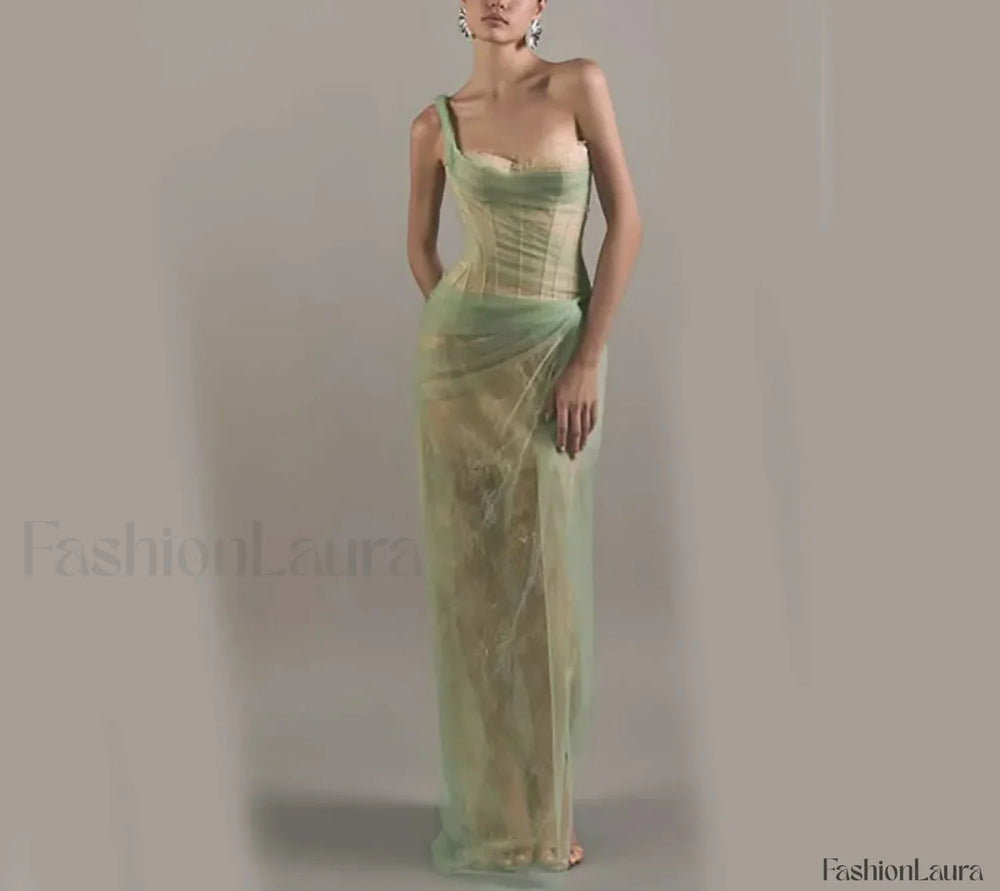One Shoulder Pleated Lace Maxi Dress green / 2