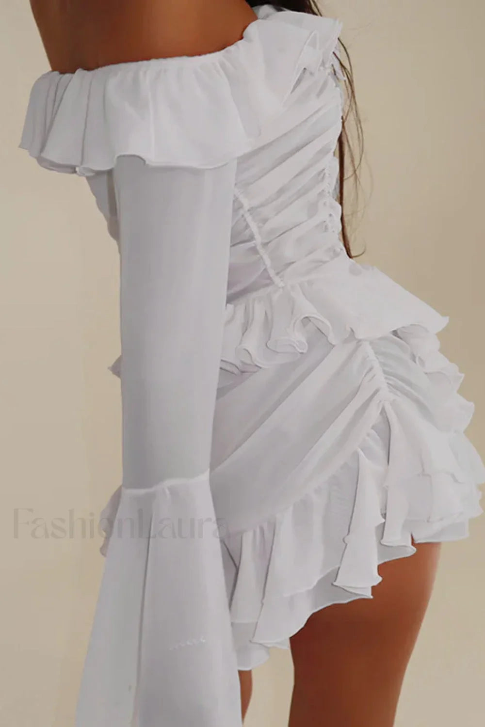 One Shoulder Ruffled Flared Sleeve Chiffon High Waist Mini Dress