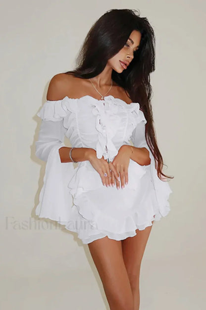 One Shoulder Ruffled Flared Sleeve Chiffon High Waist Mini Dress White / S