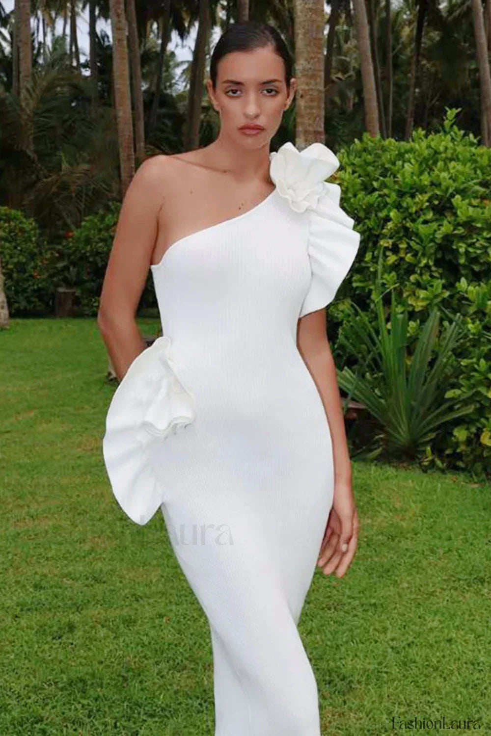 One Shoulder Ruffled Floral Knit Maxi Dress