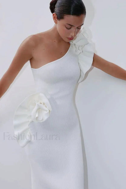 One Shoulder Ruffled Floral Knit Maxi Dress