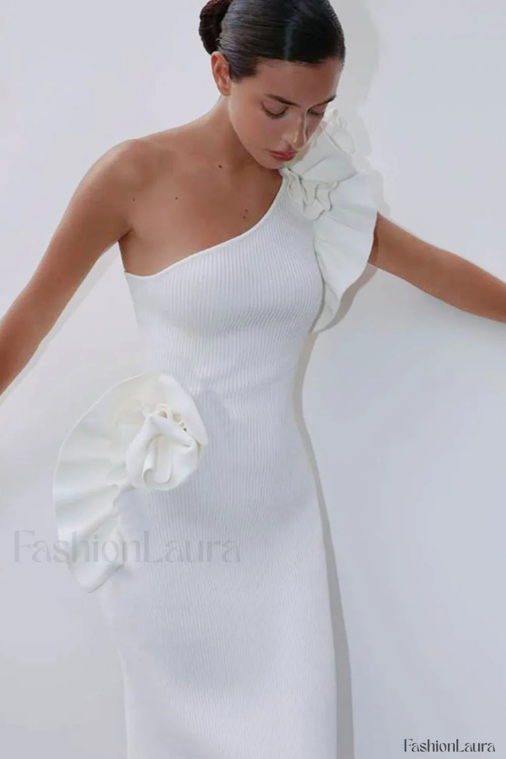 One Shoulder Ruffled Floral Knit Maxi Dress