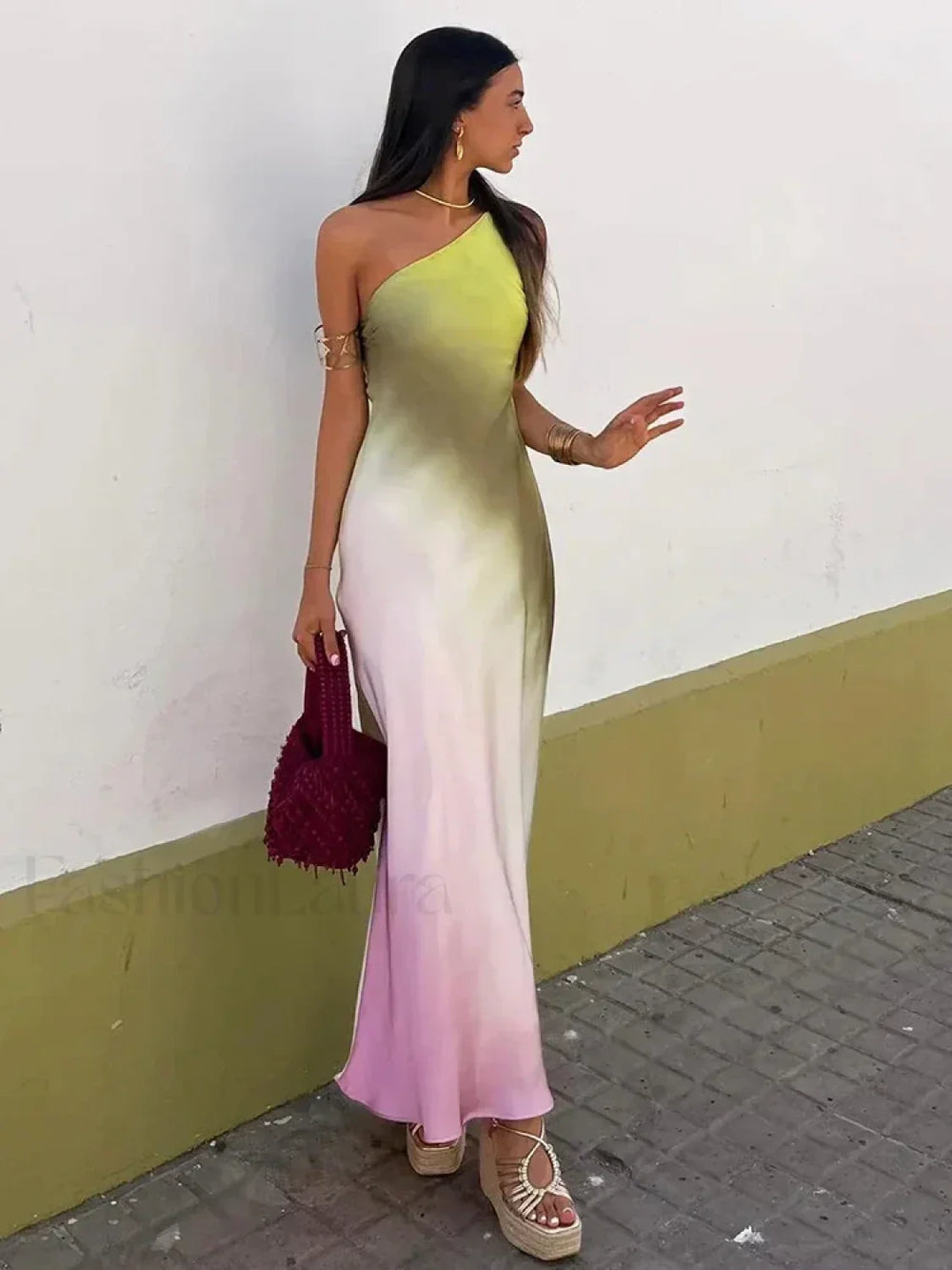 One Shoulder Satin Tie Dye Maxi Dress