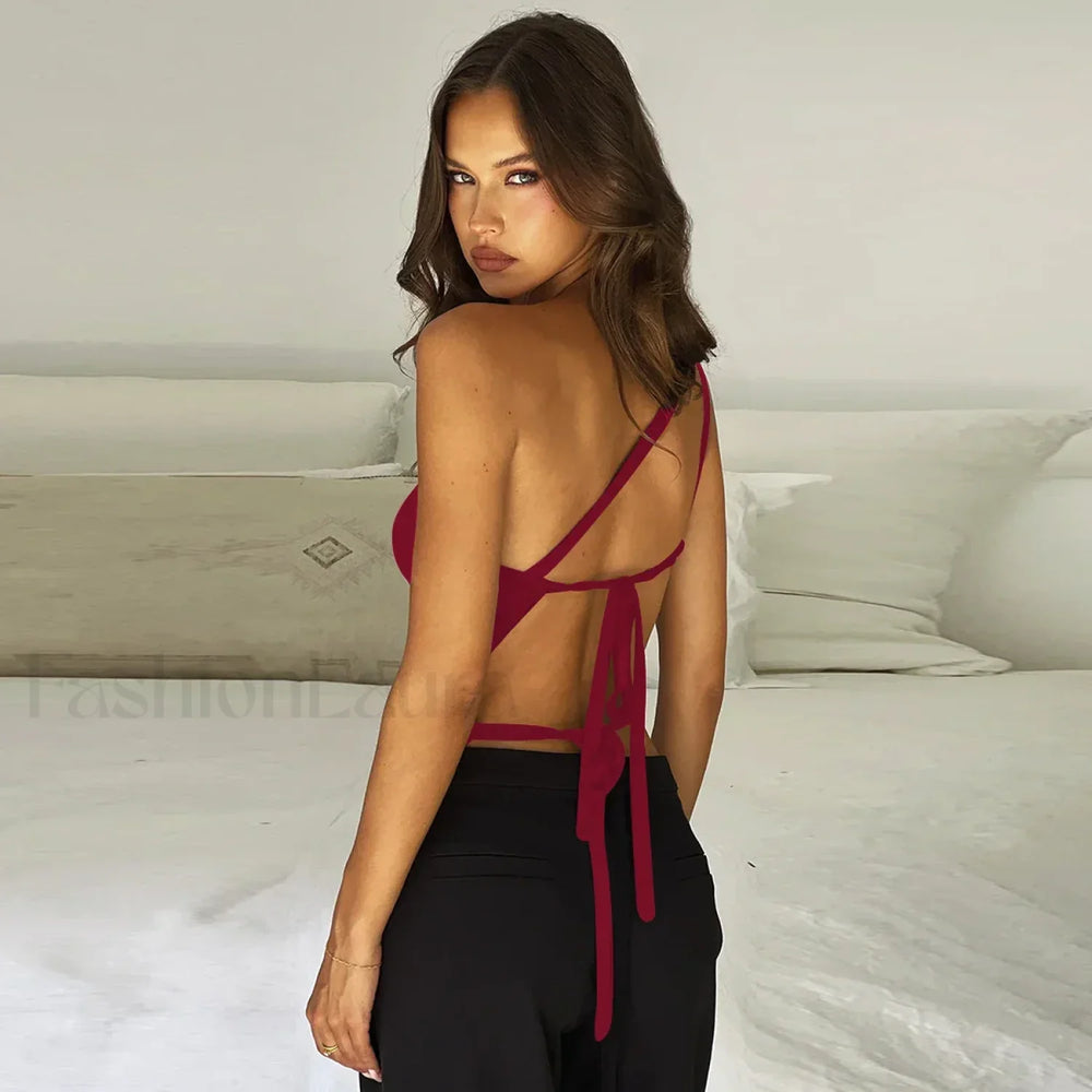 One Shoulder Solid Color Lace Up Irregular Short Crop Top