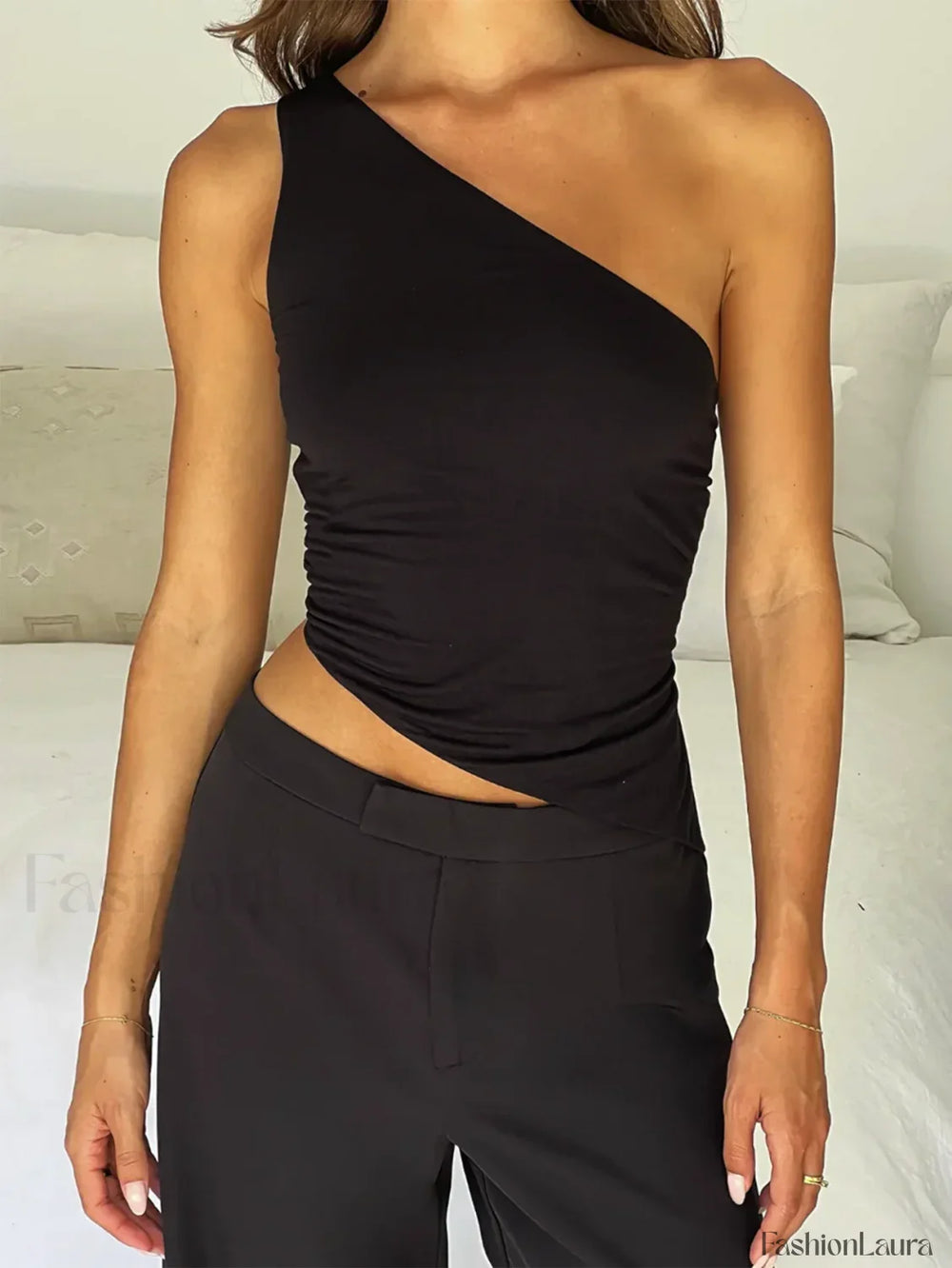 One Shoulder Solid Color Lace Up Irregular Short Crop Top