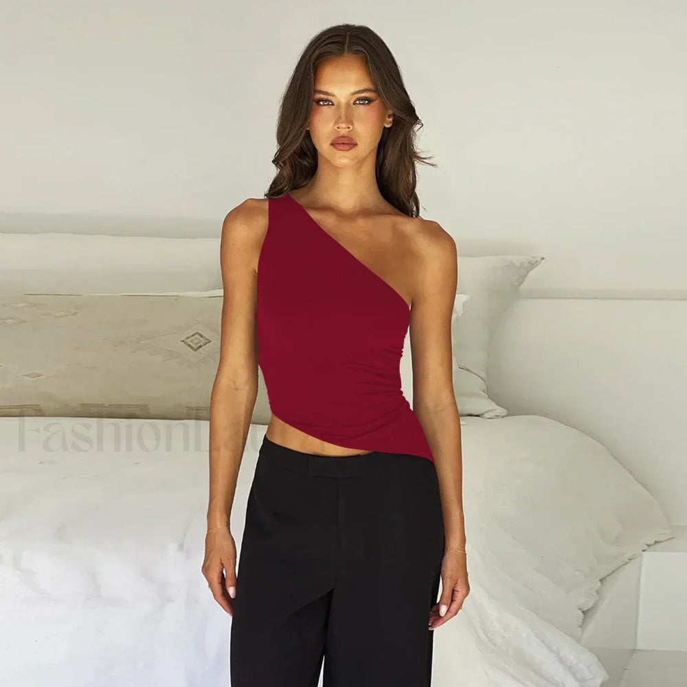 One Shoulder Solid Color Lace Up Irregular Short Crop Top