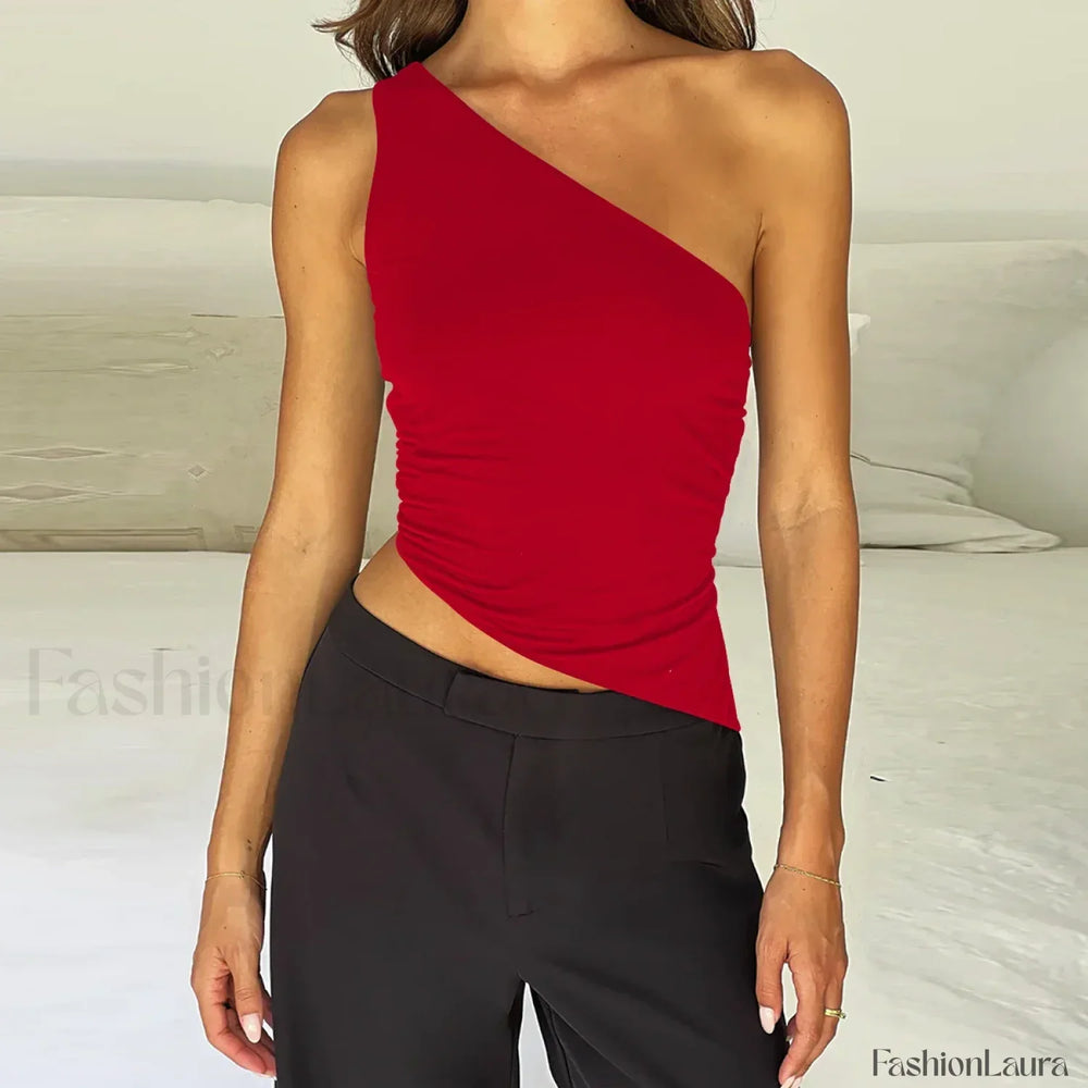 One Shoulder Solid Color Lace Up Irregular Short Crop Top red1 / S