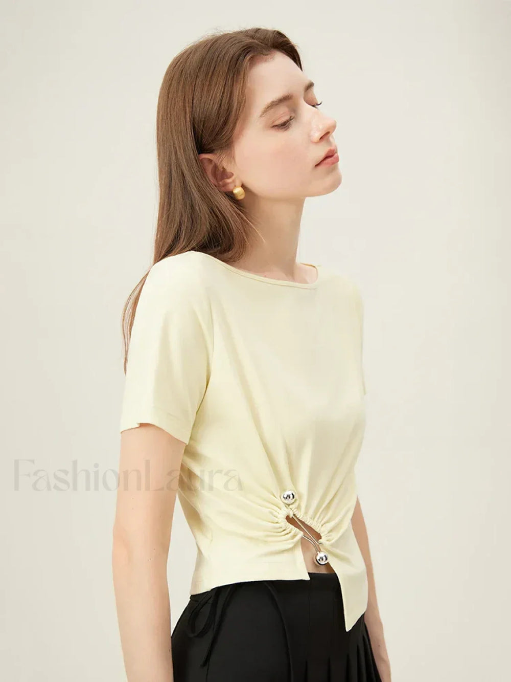 One Shoulder Twisted Waist Crop T Shirt Yellow / S