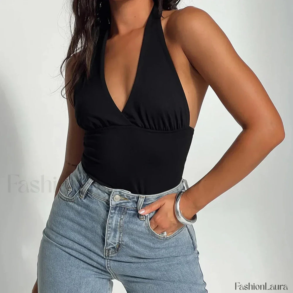 Open Back Solid Halter Crop Top