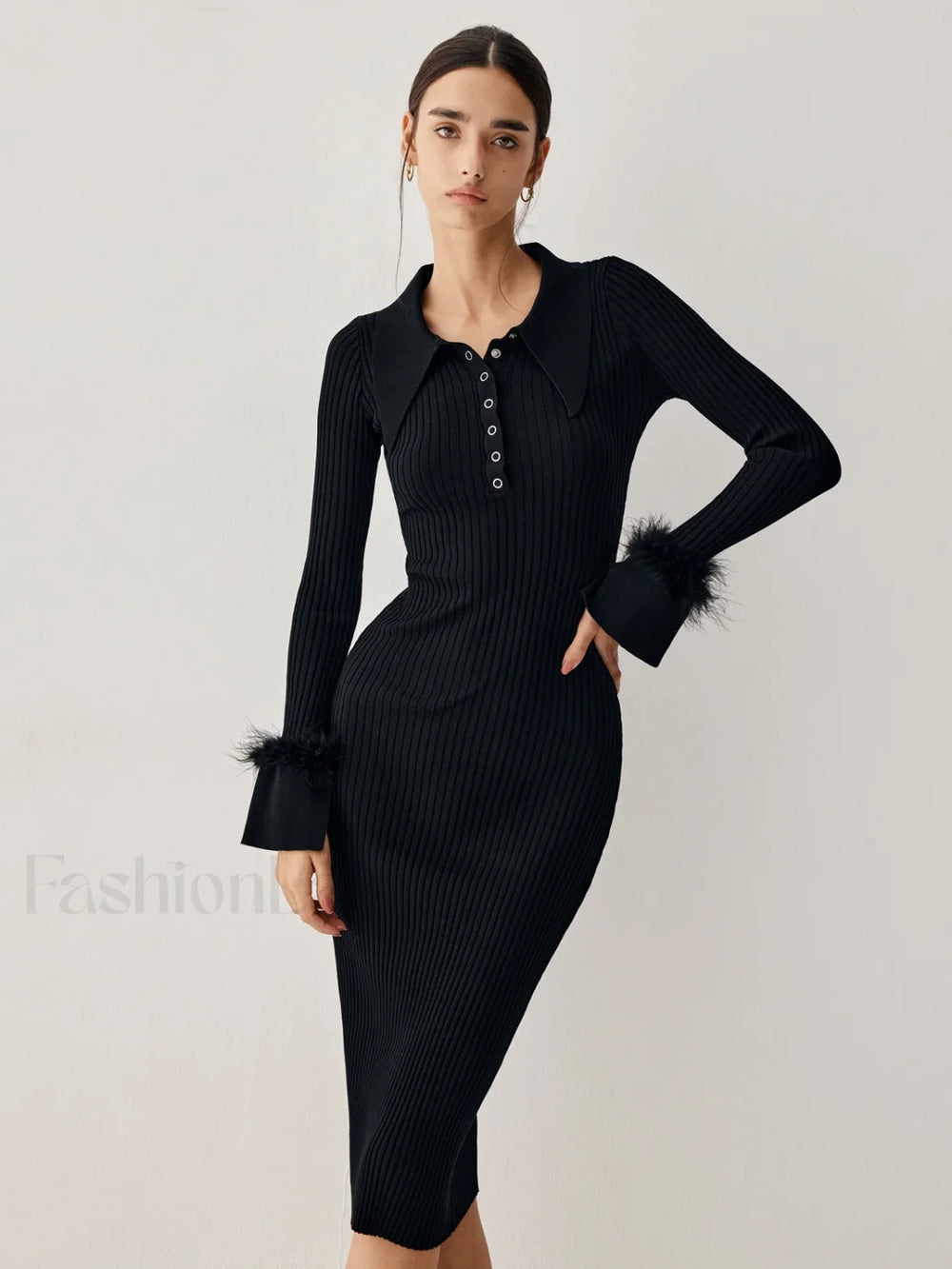 Open Collar Fuzzy Hem Modern Long Sleeve Midi Sweater Dress Black / S Sweaters L