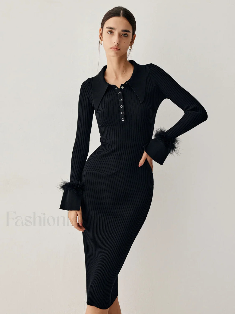 Open Collar Fuzzy Hem Modern Long Sleeve Midi Sweater Dress Black / S Sweaters L