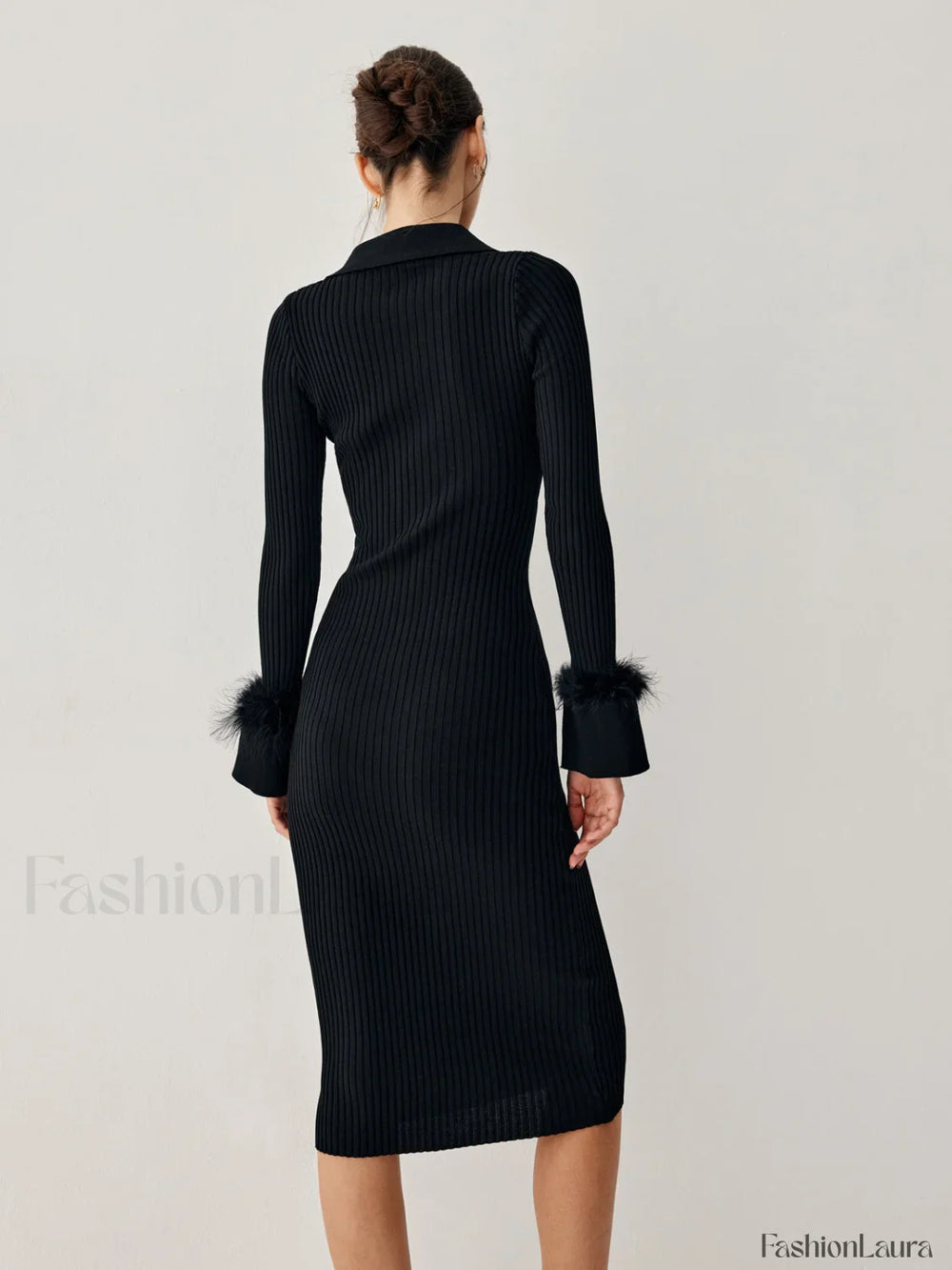 Open Collar Fuzzy Hem Modern Long Sleeve Midi Sweater Dress Sweaters L