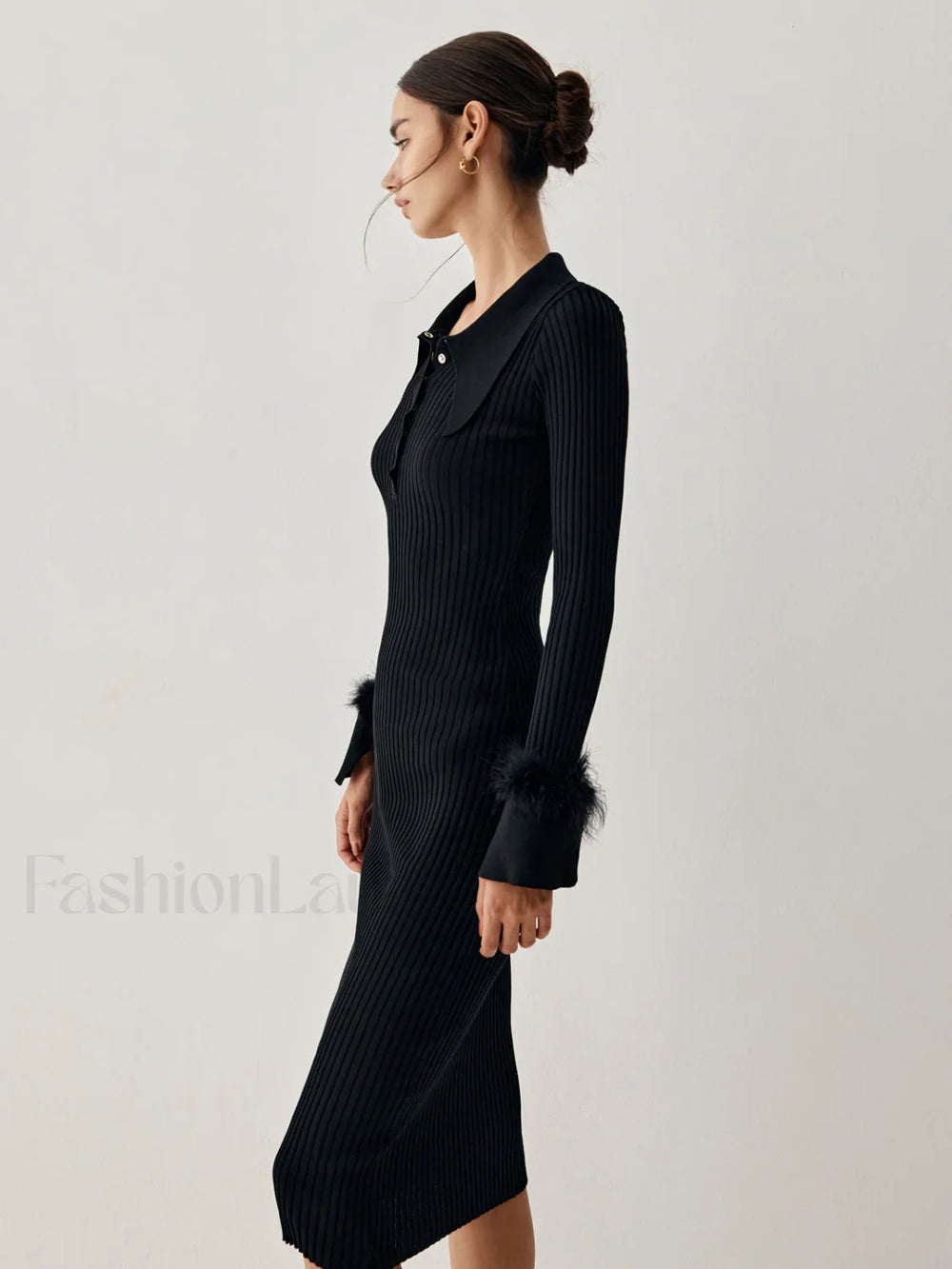 Open Collar Fuzzy Hem Modern Long Sleeve Midi Sweater Dress Sweaters L