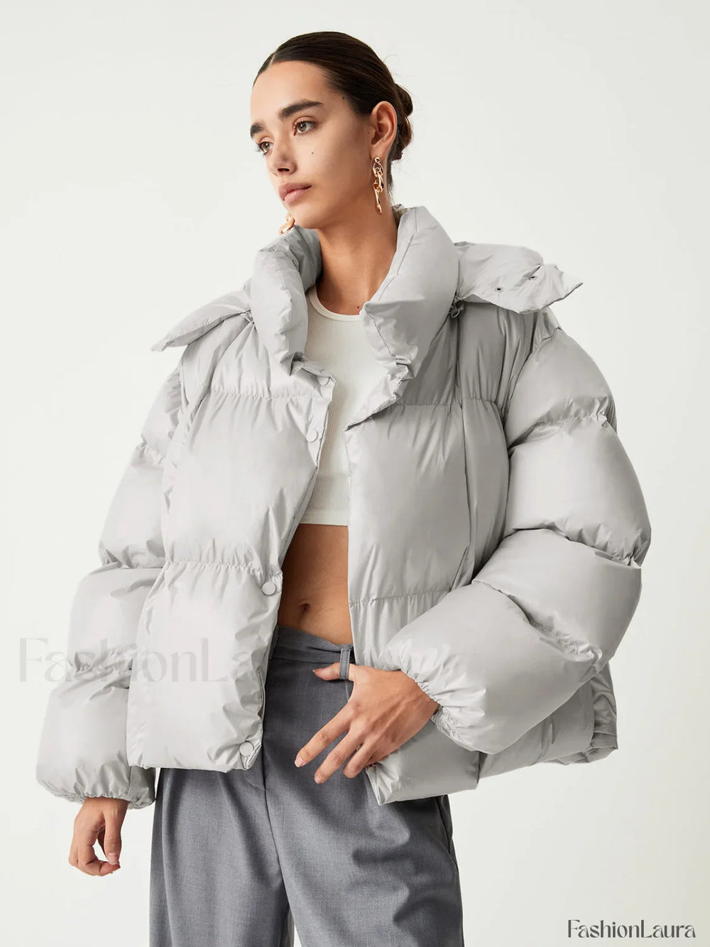 Open Collar Quilted Trendy Hooded Puffer Coat Down Coats