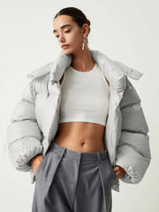 Open Collar Quilted Trendy Hooded Puffer Coat Grey / XS Down Coats