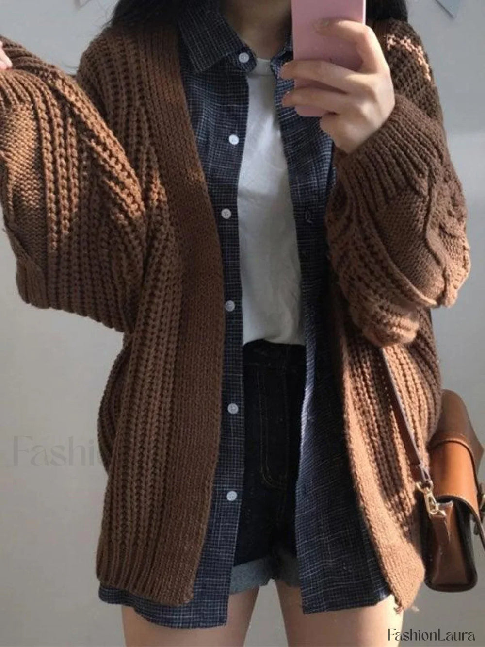 Open Front Cable Knit Cardigan Brown / ONE SIZE Sweaters