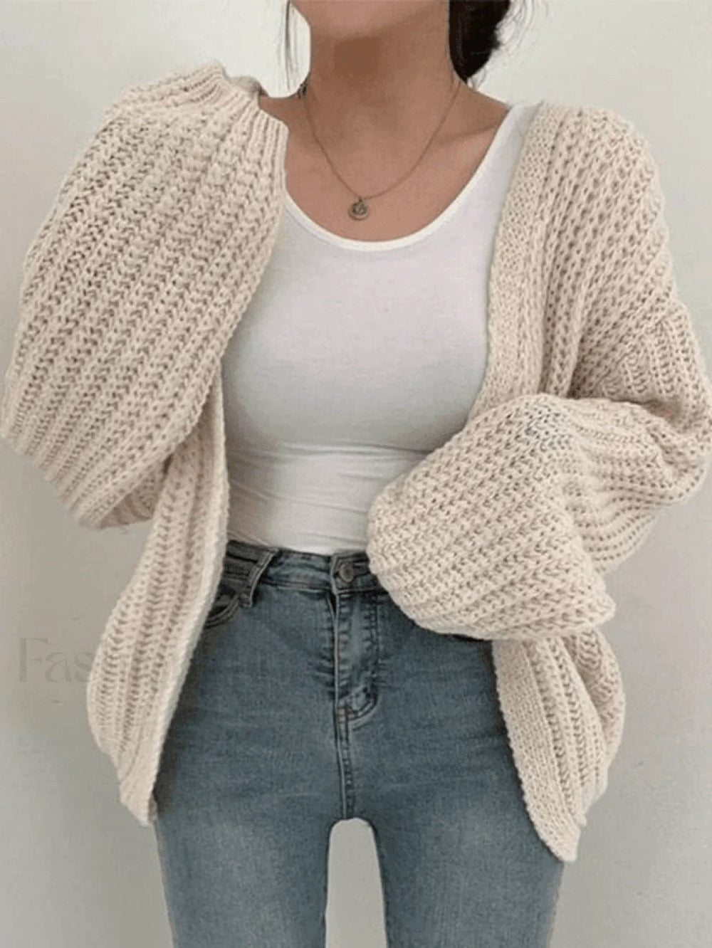 Open Front Long Sleeve Knit Cardigan Beige / ONE SIZE Sweaters