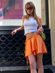 Orange Satin Asymmetrical Lace Up Skirt