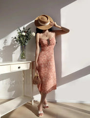 Orange Shirred Smocked Floral Dress