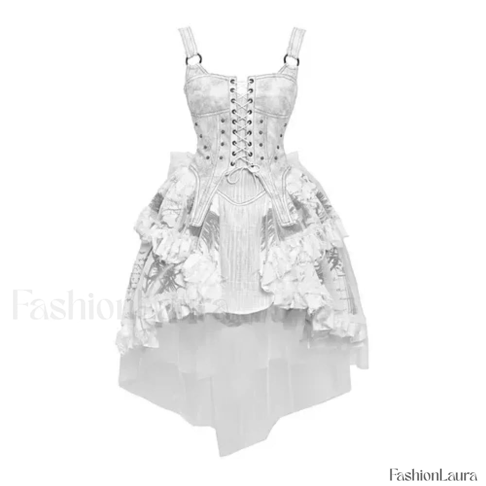 Original Punk Madhouse Gothic Print Lolita Trailing Suspender Light Dress Niche Vintage Dress WHITE / S