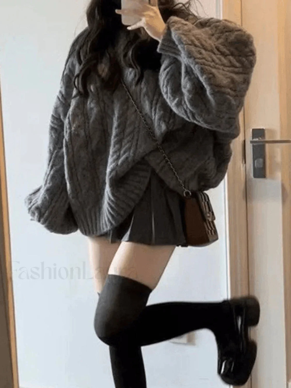 Oversize V Neck Gray Cable Knit Sweater Gray / ONE SIZE Sweaters