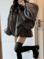 Oversize V Neck Gray Cable Knit Sweater Gray / ONE SIZE Sweaters