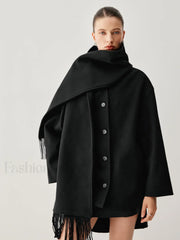 Oversized Button down Wool Coat Modern with Matching Fringed Scarf Wool Coats