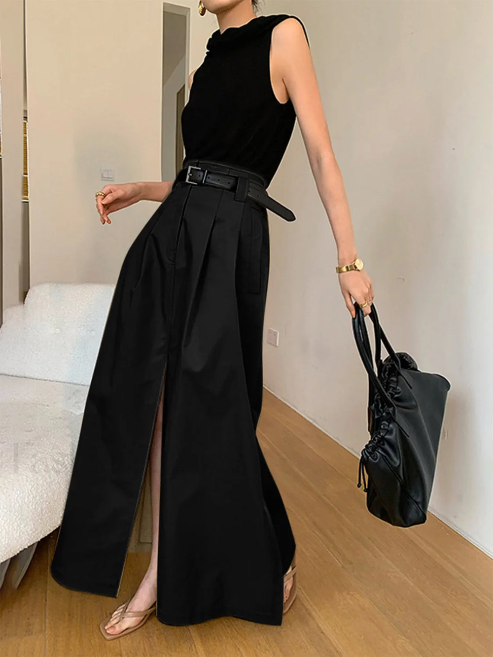 Oversized Cotton Split Maxi Skirt Without Belt Black / XS Skirts