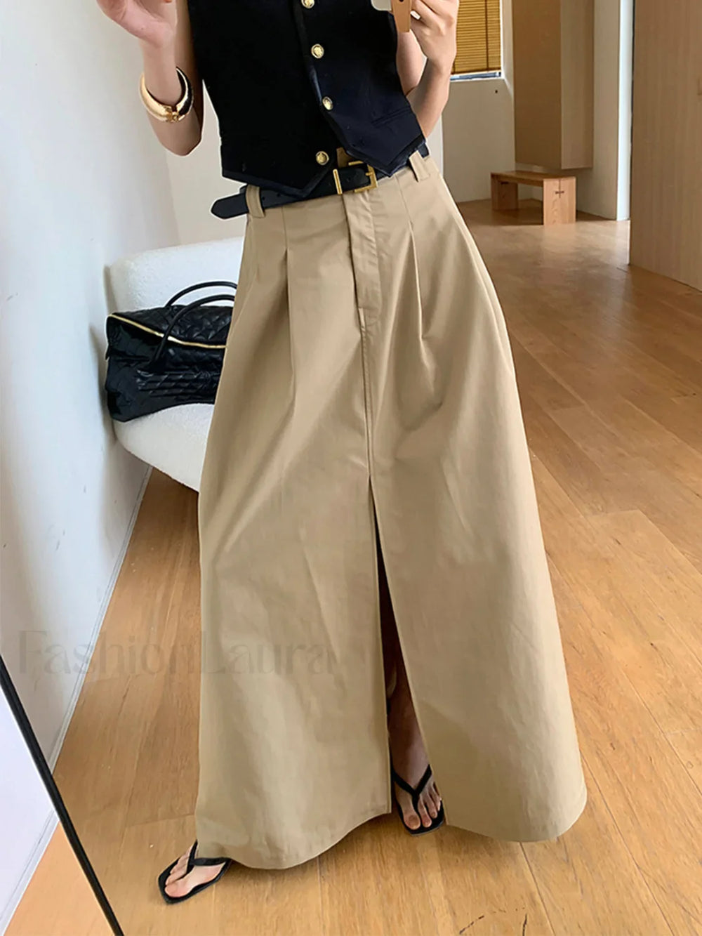 Oversized Cotton Split Maxi Skirt Without Belt Skirts