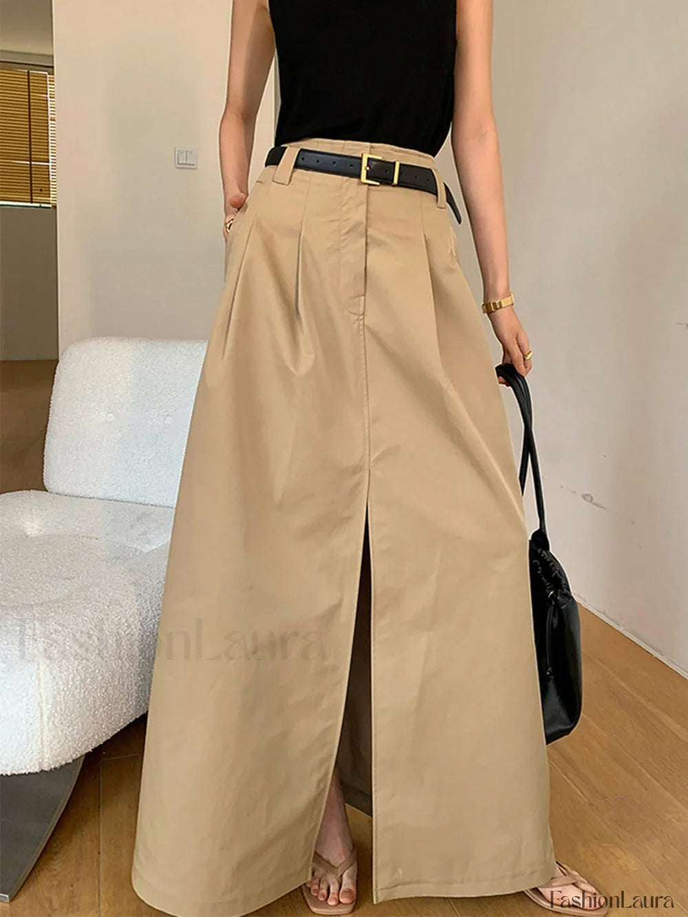 Oversized Cotton Split Maxi Skirt Without Belt Skirts