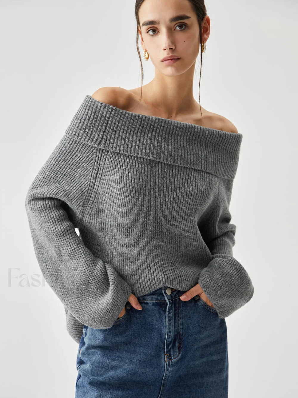 Oversized Overfold Off Trendy Shoulder Knit Sweater Grey / XS Sweaters L