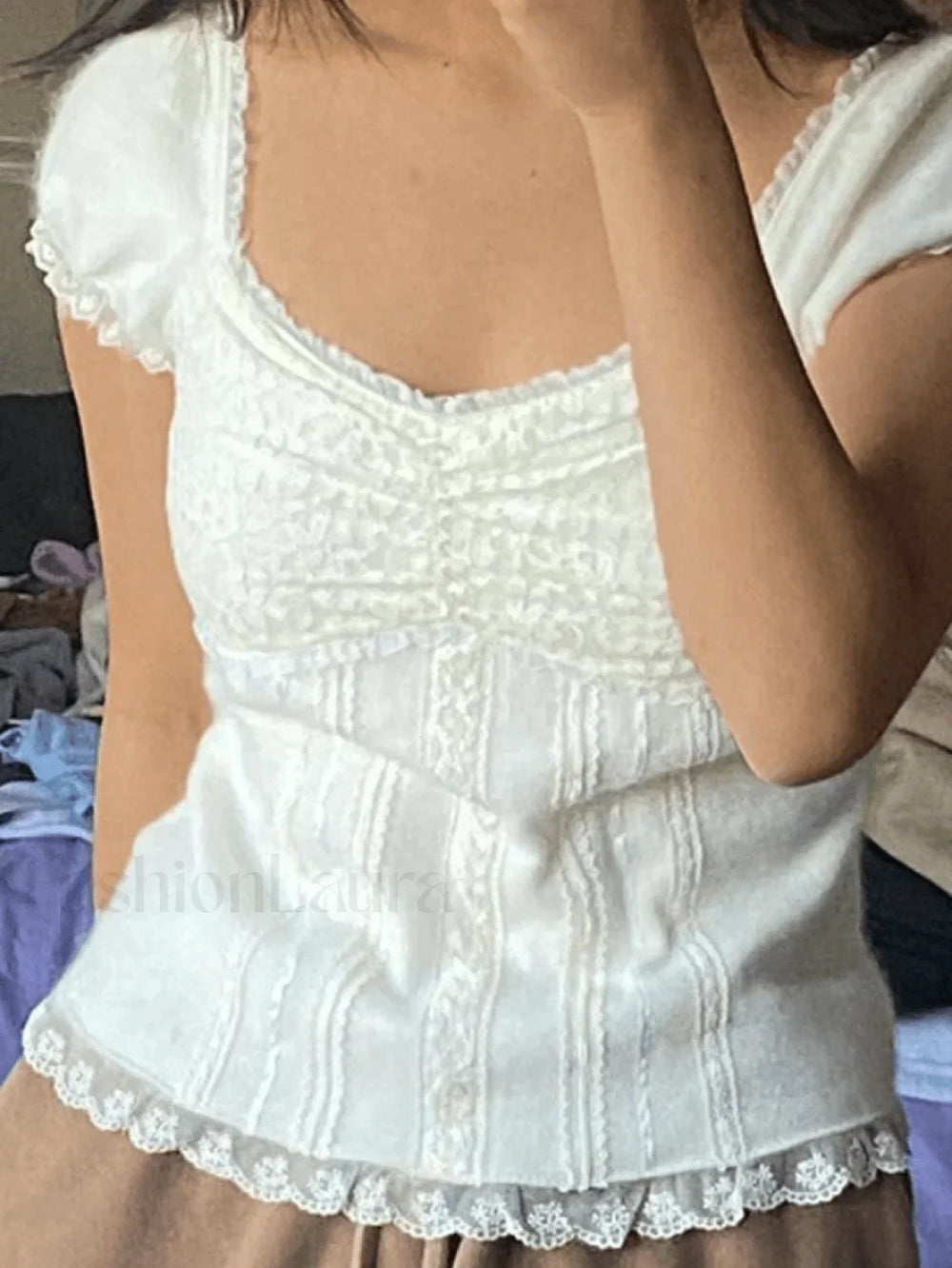 Paneled Lace White Puff Sleeve Blouse White / S Shirts