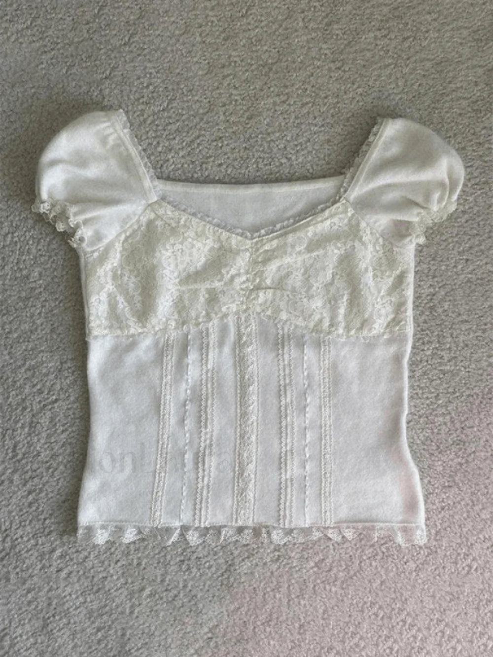 Paneled Lace White Puff Sleeve Blouse Shirts