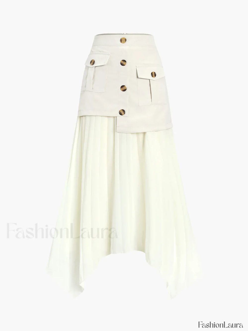 Patchwork Asymmetrical Pleated Buttoned Midi Skirt Skirts
