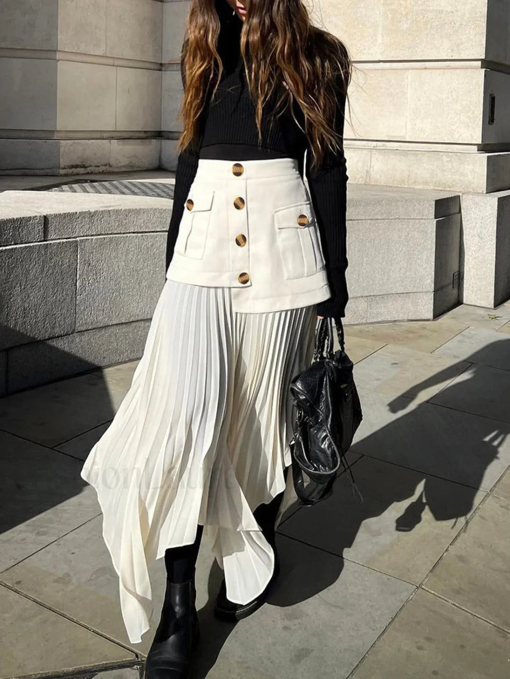 Patchwork Asymmetrical Pleated Buttoned Midi Skirt Skirts